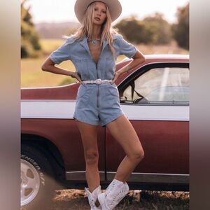 Chasing Unicorns Fly To The Rainbow Embroidered Denim Short Boiler Suit — Size S